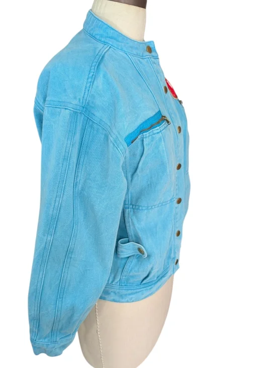 ELF SACK Turquoise Cotton Denim Jacket With Embroidered Cherries. Medium. - Picture 12 of 16